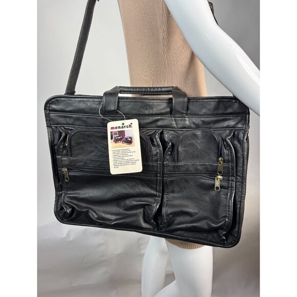 Monarch Black Leather Look Business Briefcase With Multiple Zippered Pockets & A - Picture 7 of 16